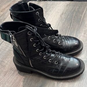 Elegant Black Crocodile-Embossed Combat Boots